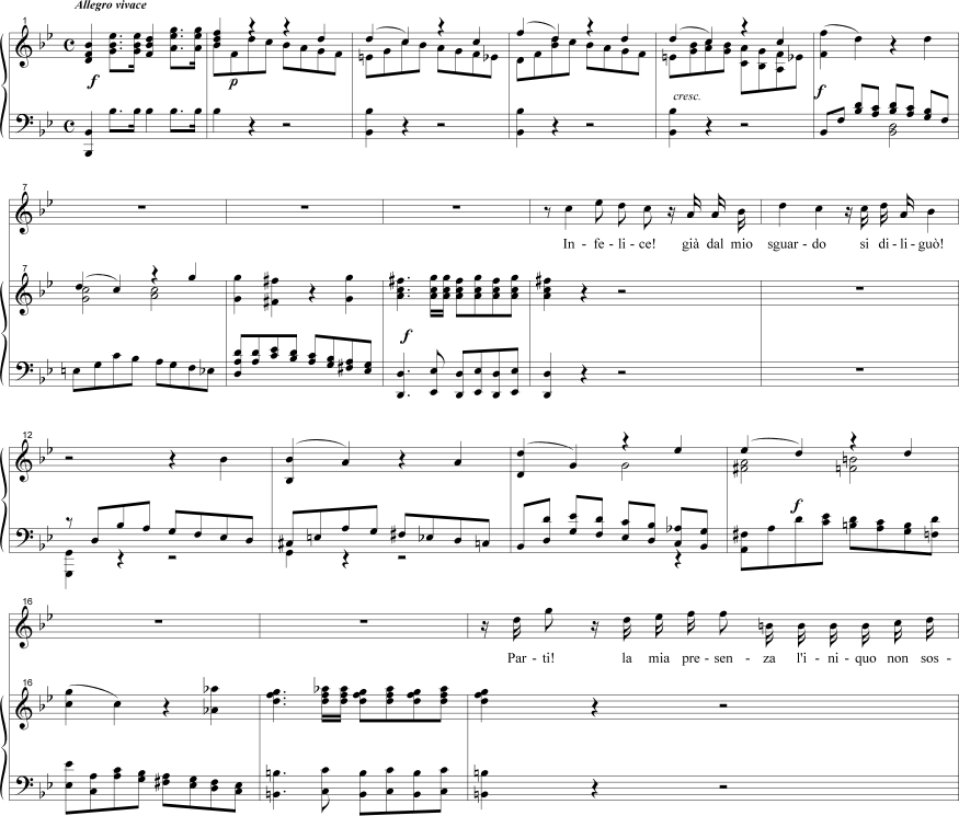 Infelice! / Ah, ritorna, et dell'oro (1834): Introduction and beginning of recitative, mm. 1-16.