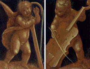 Bernardino Lanino (1512 ca-1583), attr., Angelo che suona l’arpa e Angelo che suona la viola da gamba (1560-1570), tempera a monocromo su 
  tavola, cm 34,5x23. Vercelli, Museo Francesco 
  Borgogna, inv. 1906, V 346-347, cat. 1969, no. 53/1-2.